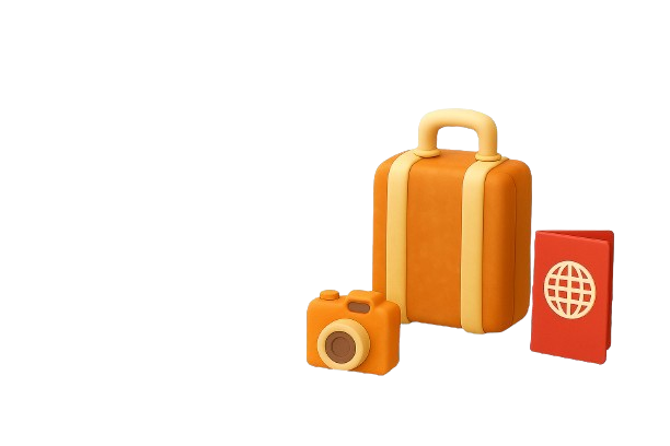 Travel essentials - suitcase, camera, and passport